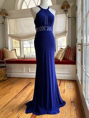 Ellie Wilde Indigo Blue Halter Gown with Beaded Illusion Waist - Size 6 - NWT
